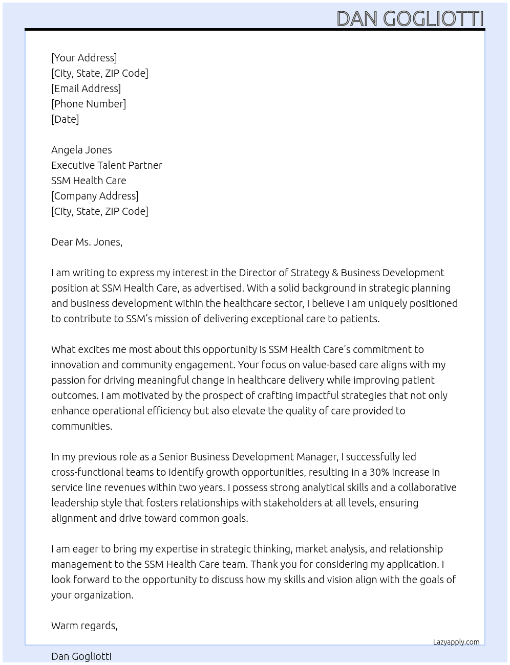 Director of Strategy & Business Development At SSM Health Care Cover Letter