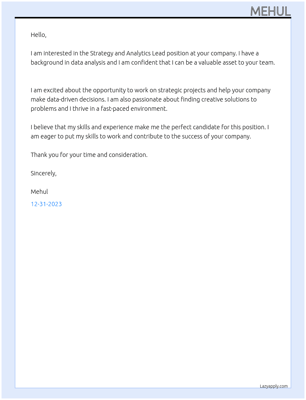 Strategy and analytics lead At non Cover Letter