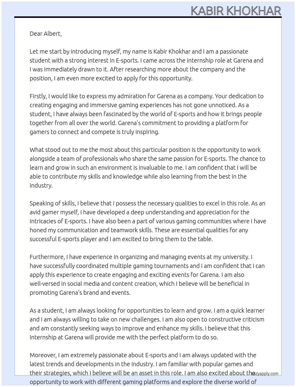 Student  At Garena Cover Letter