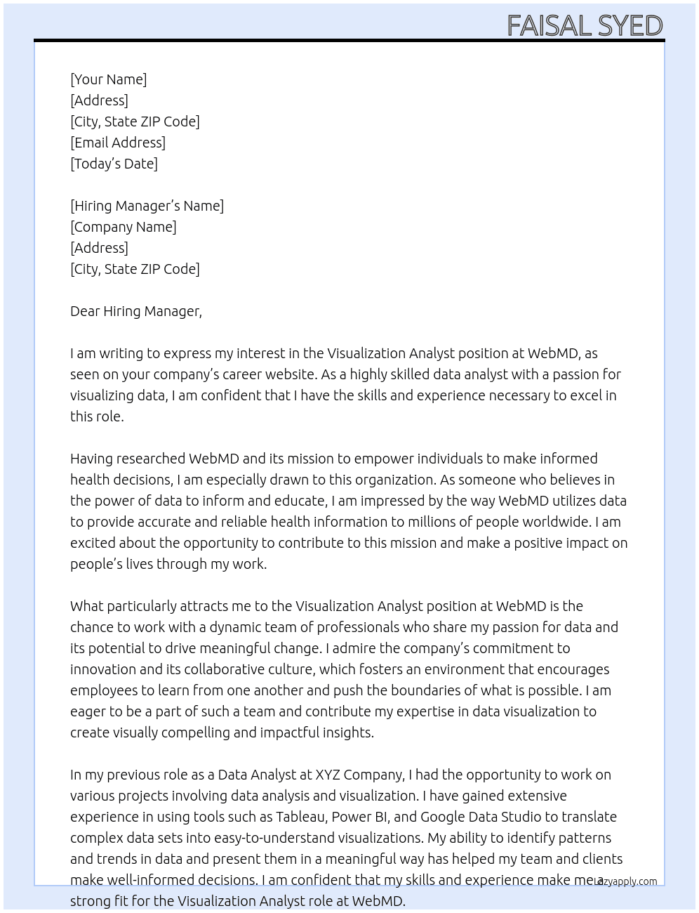 Visualization Analyst At WebMD Cover Letter