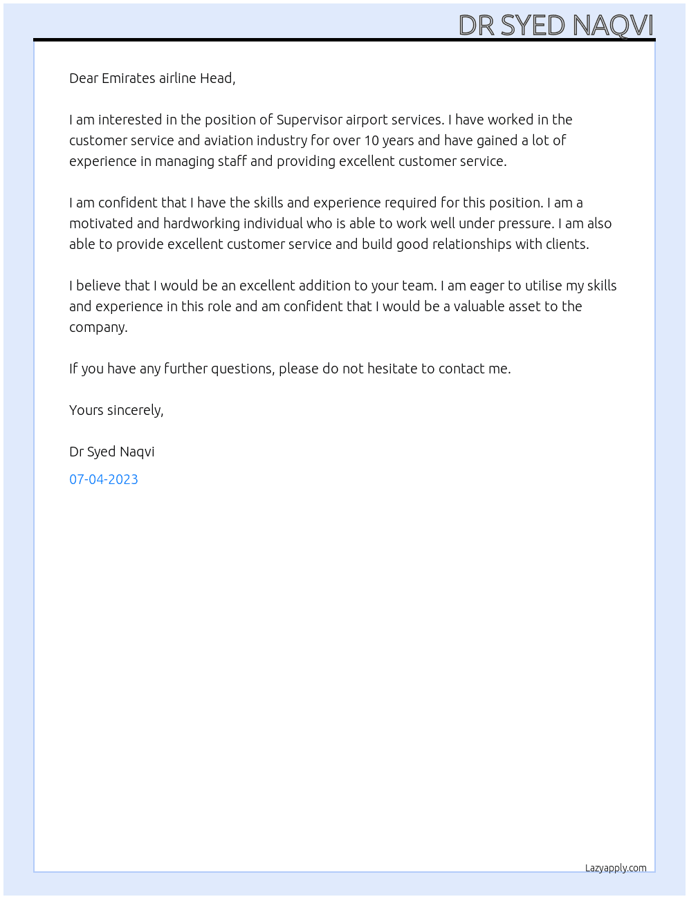 Supervisor airport services At Emirates airline Cover Letter