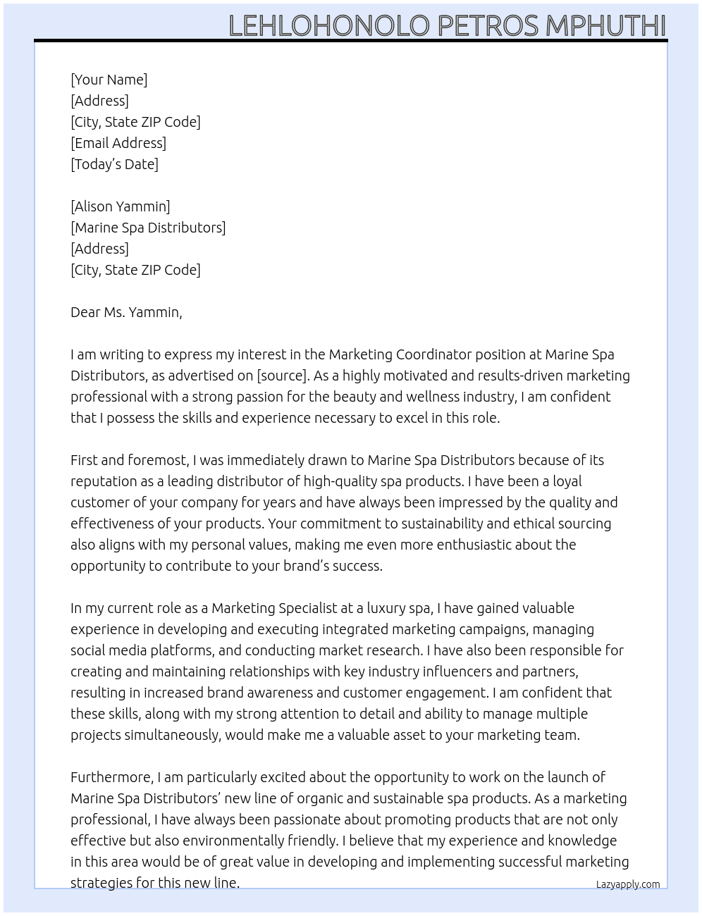 Marketing Coordinator At Marine Spa Distributors Cover Letter