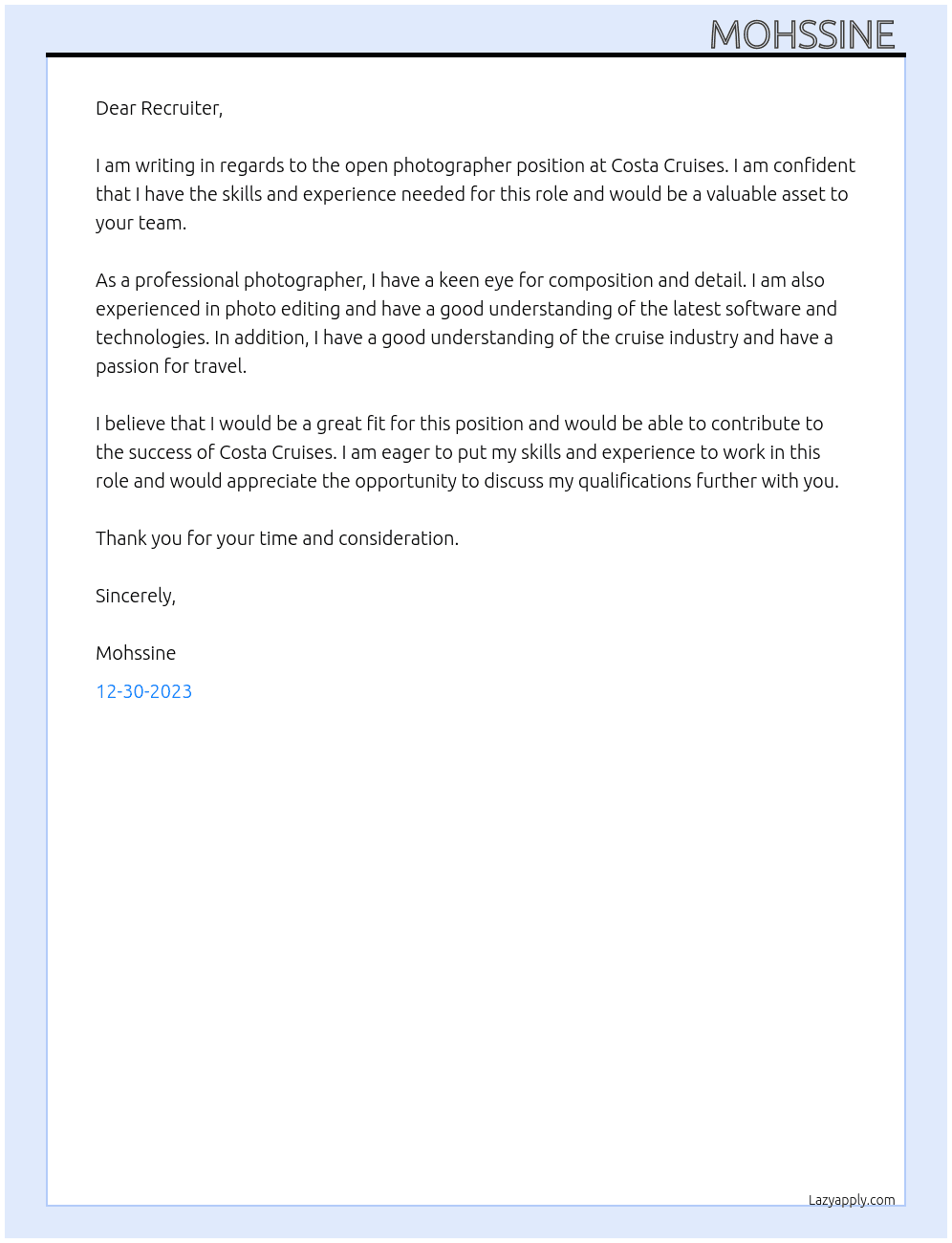 Photographer At Costa Cruises Cover Letter