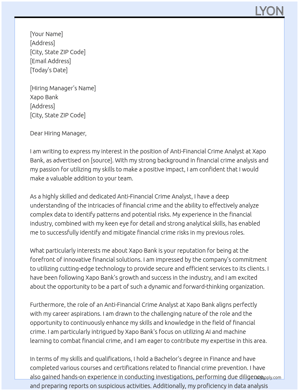 Anti-Financial Crime Analyst At Xapo Bank Cover Letter