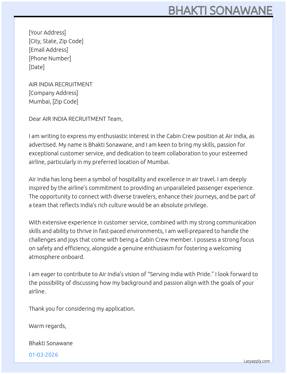 CABIN CREW At AIR INDIA Cover Letter
