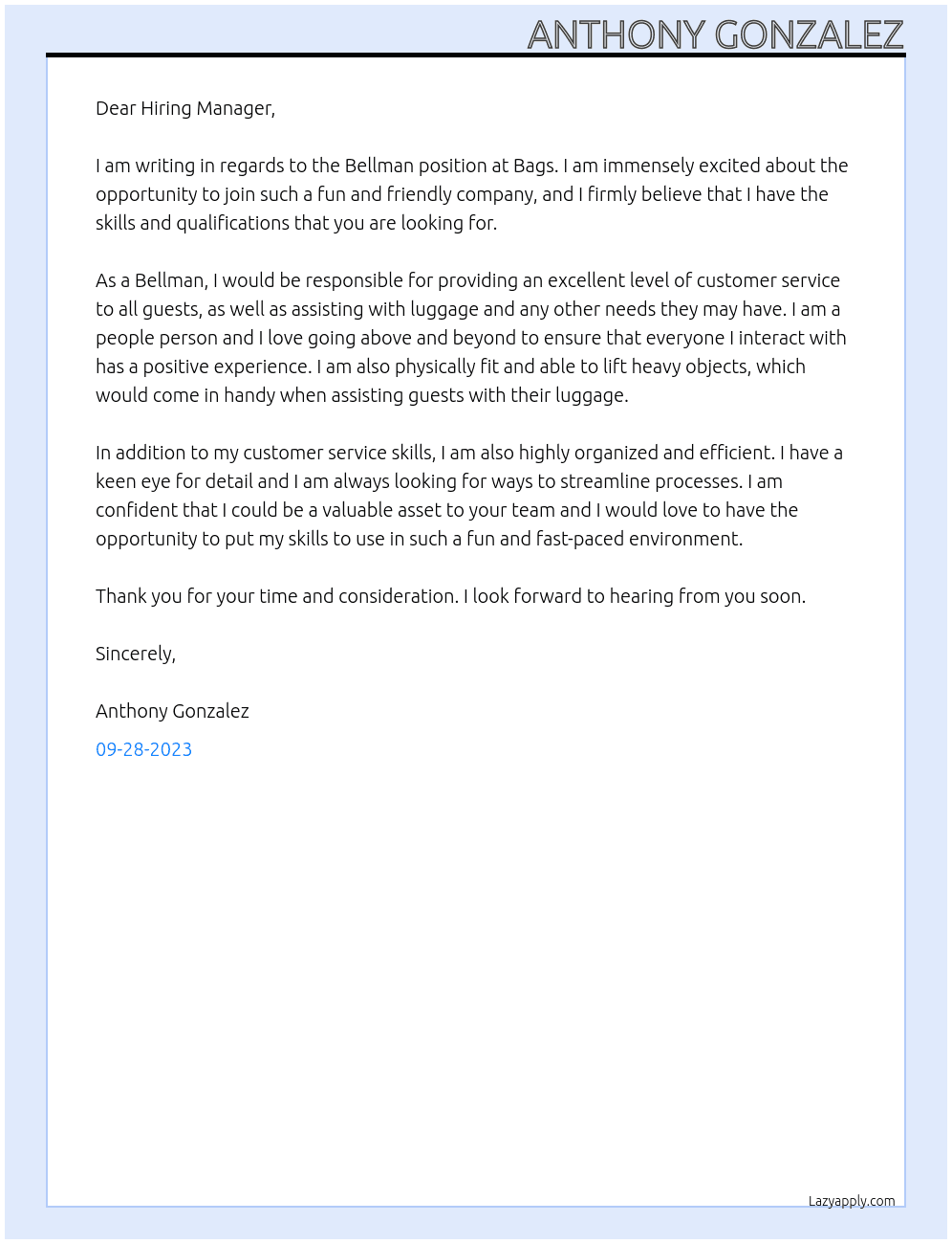 Bellman At Bags Cover Letter