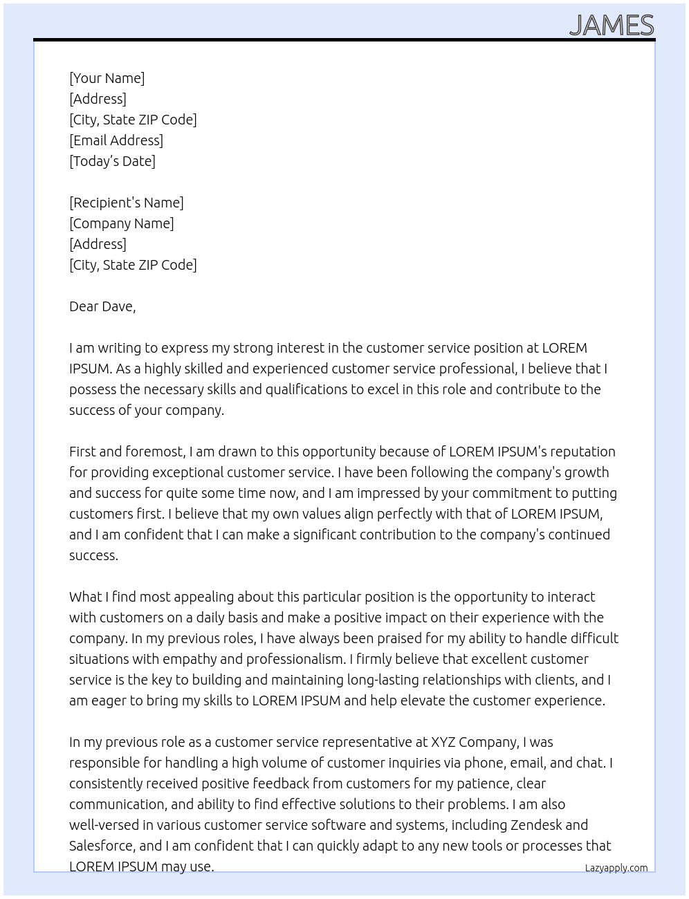 Customer Service  At LOREM IPSUM  Cover Letter