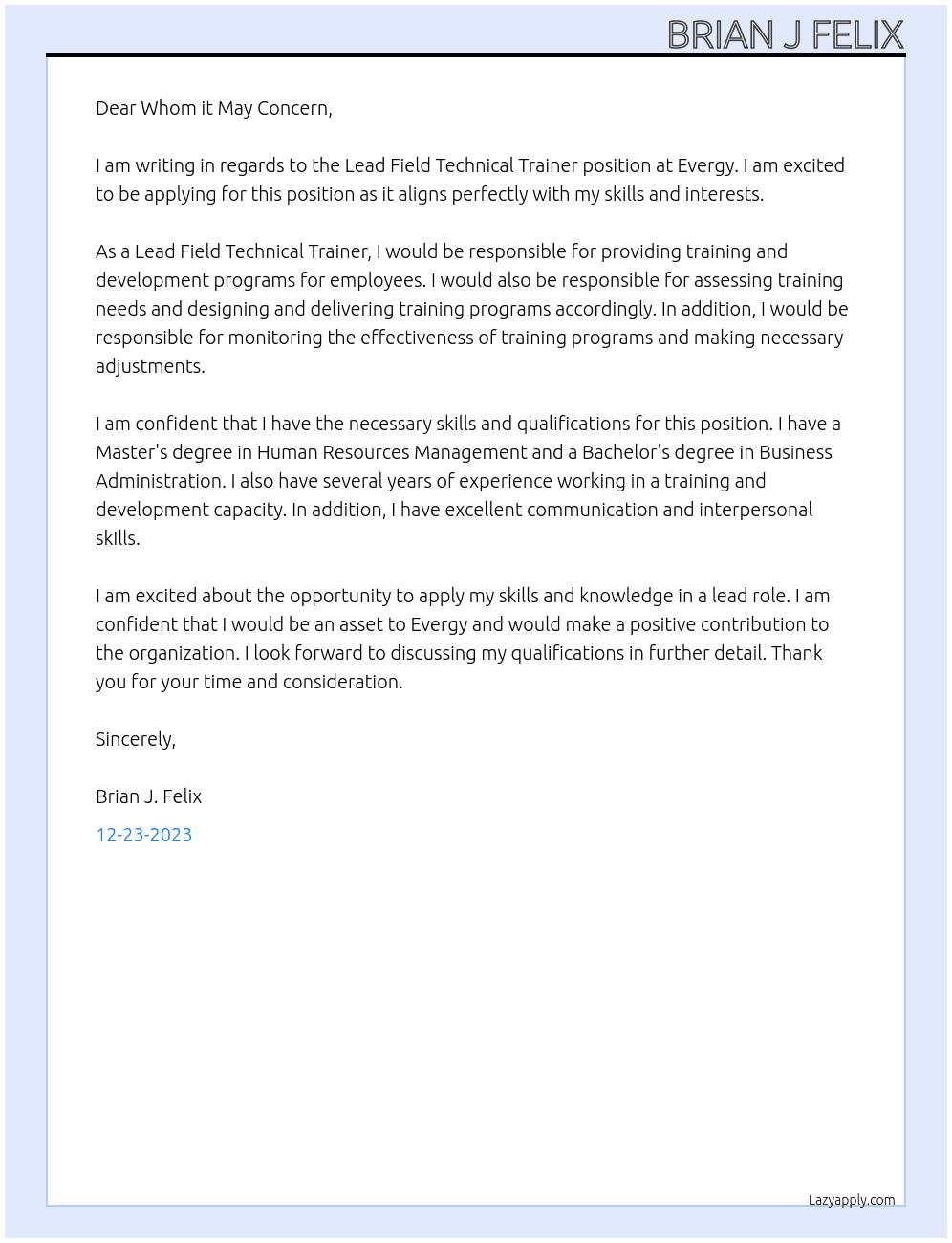 Lead Field Technical Trainer At Evergy Cover Letter