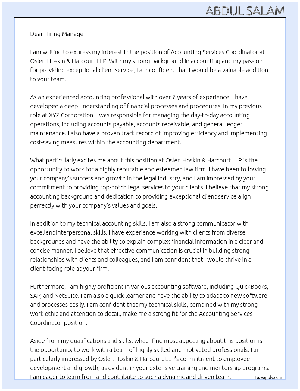Accounting Services Coordinator At Osler, Hoskin & Harcourt LLP Cover Letter