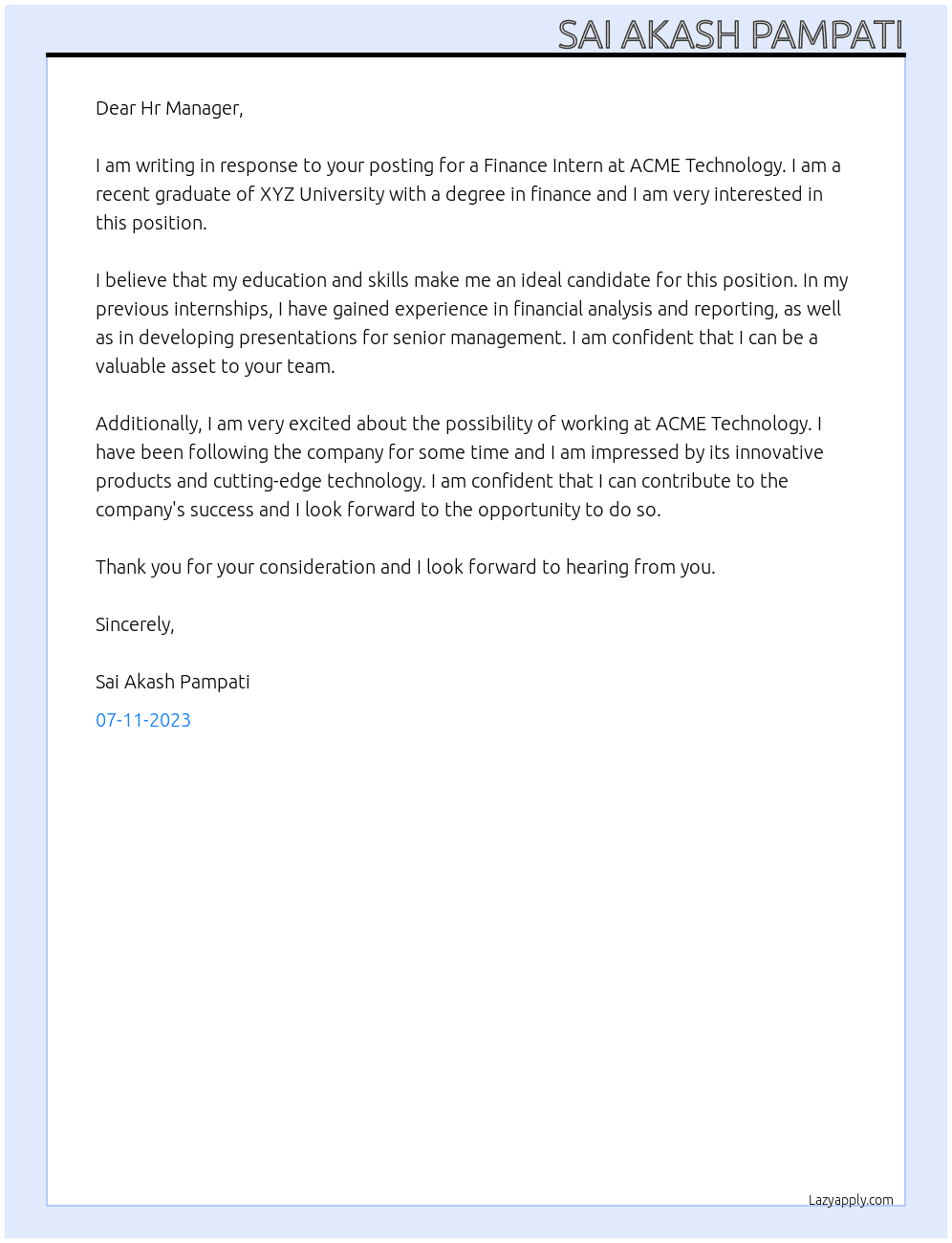 Finance Intern At ACME Technology Cover Letter