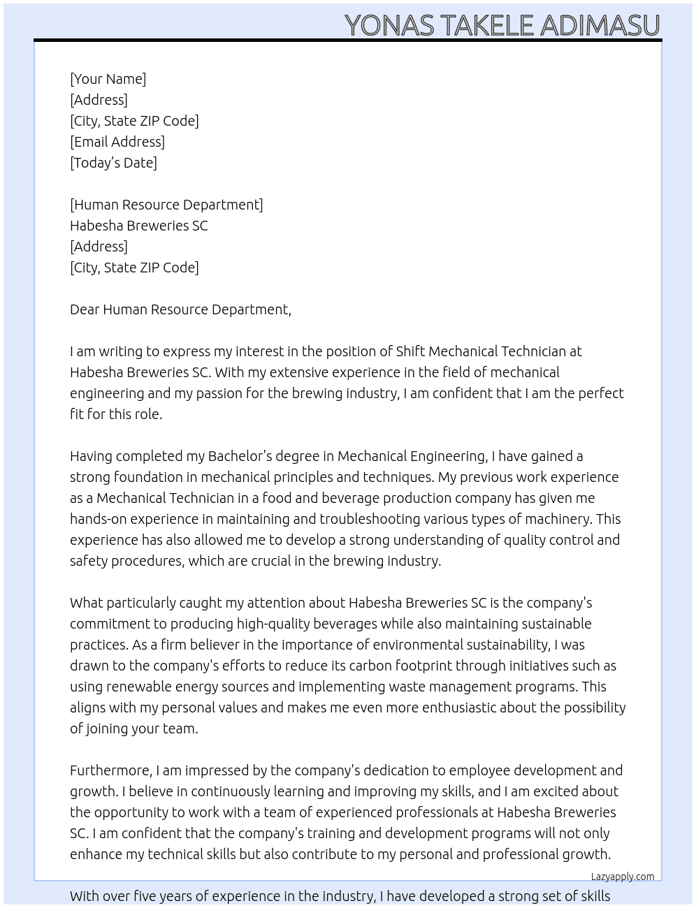 Shift Mechanical Technician  At Habesha breweries SC Cover Letter