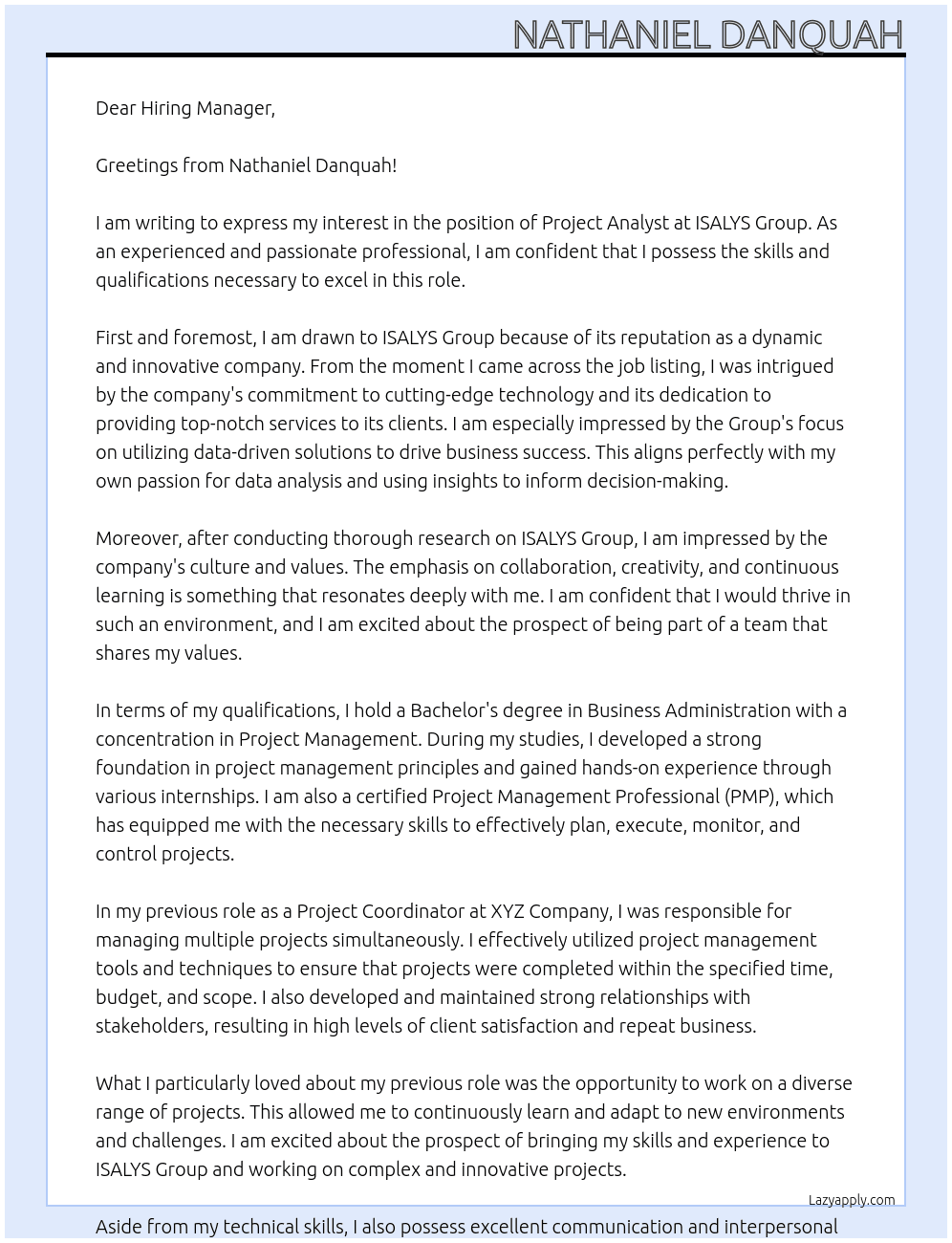 Project Analyst At ISALYS Group Cover Letter