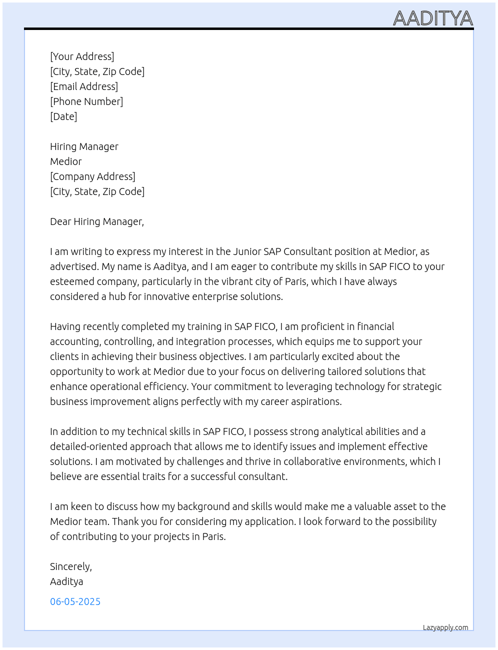 Junior SAP Consultant At Medior Cover Letter