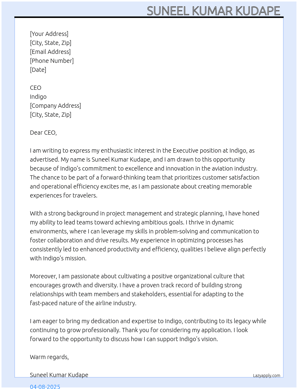 Executive  At Indigo  Cover Letter