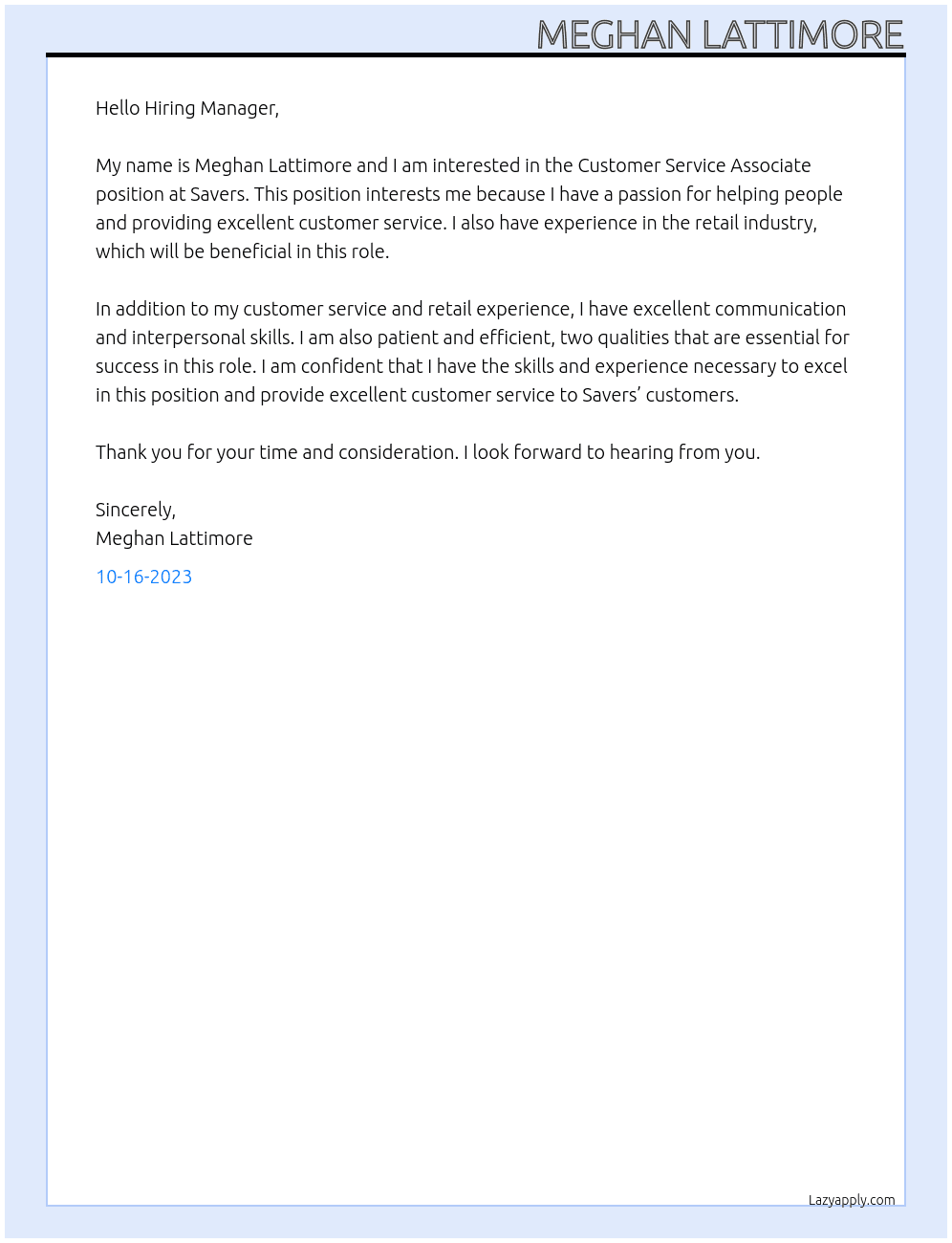 Customer Service Associate At Savers Cover Letter