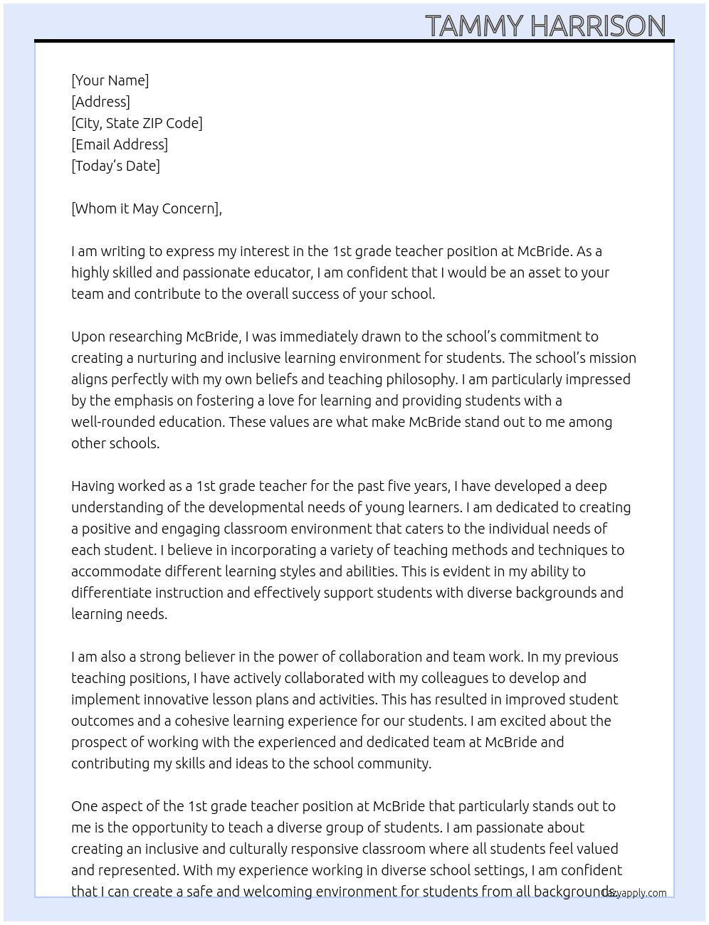 1 st grade teacher At McBride  Cover Letter