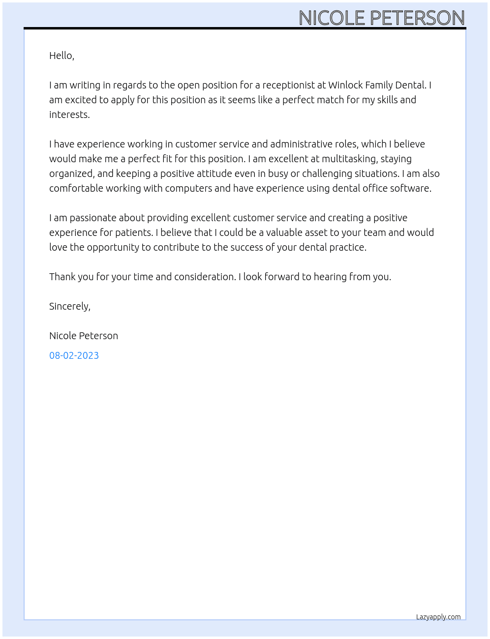 Receptionist  At Winlock Family Dental  Cover Letter