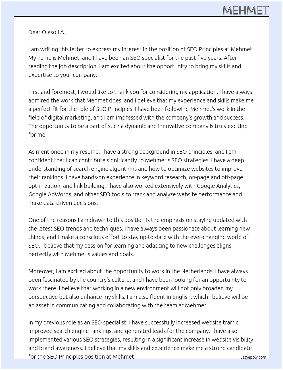 SEO principles At Mehmet Cover Letter