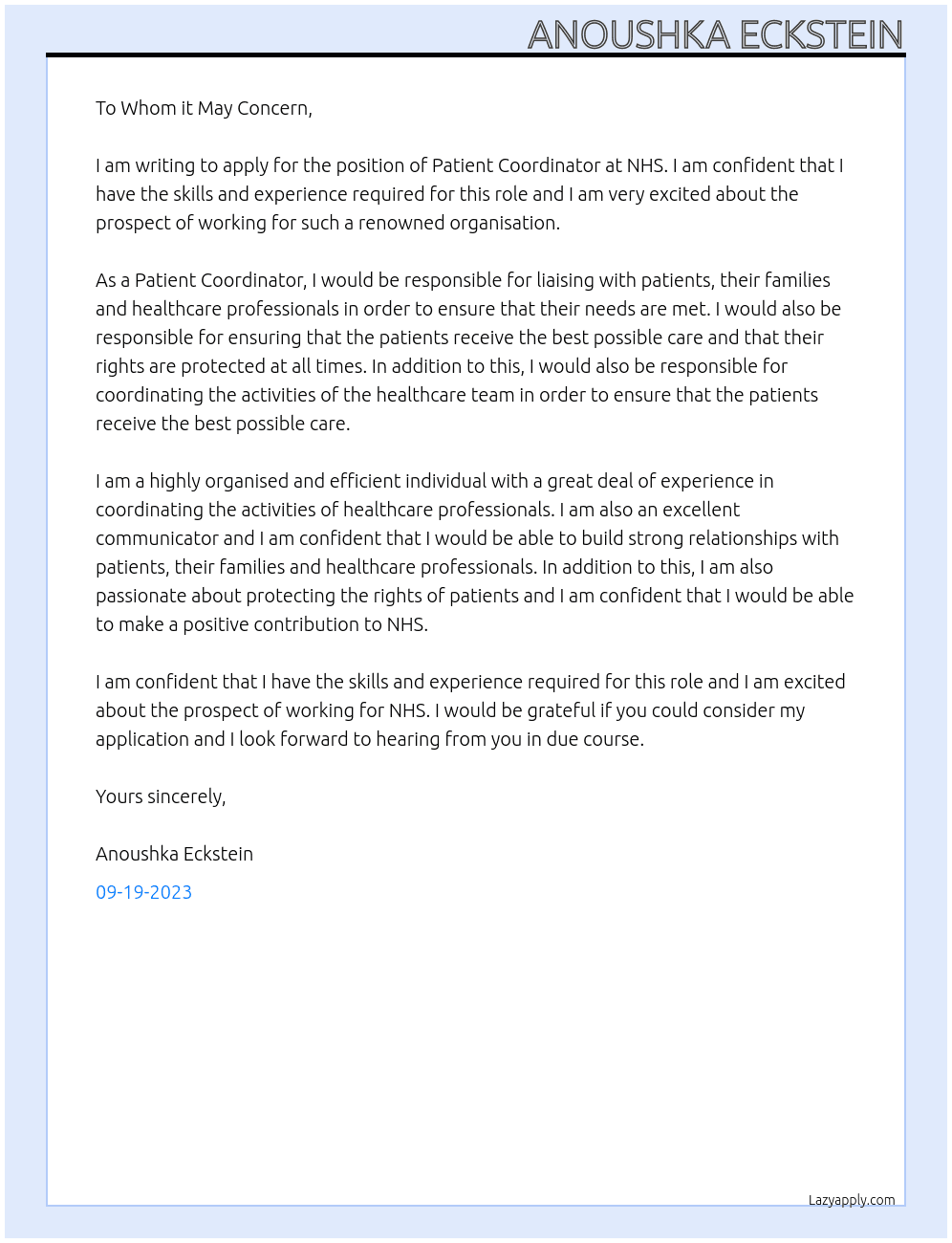 Patient coordinator At NHS  Cover Letter