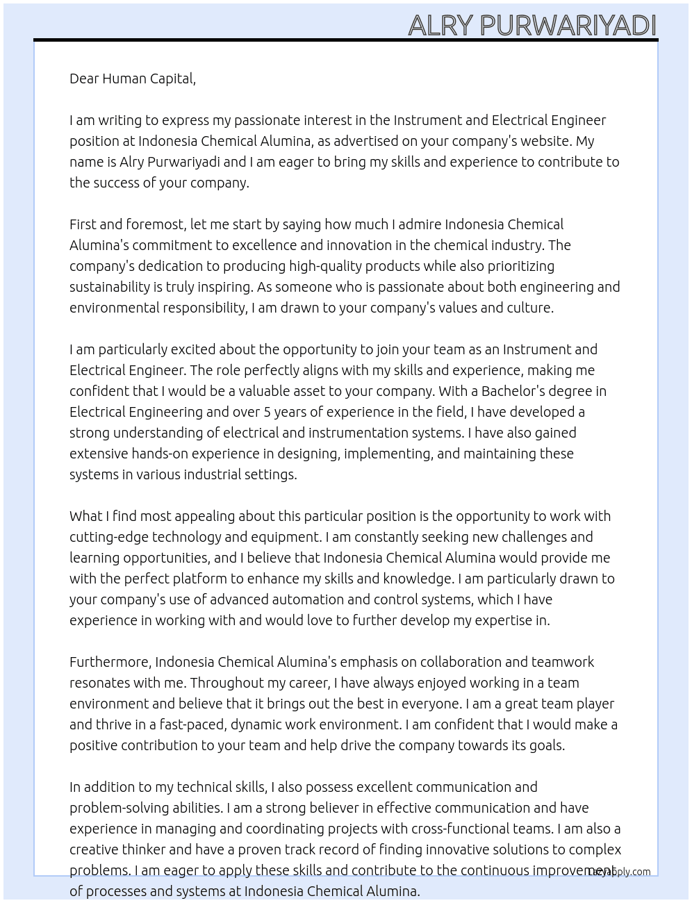 Instrument and Electrical Engineer At Indonesia Chemical Alumina Cover Letter