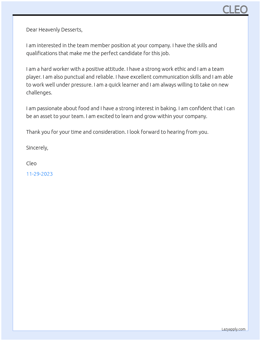 Team member  At Heavenly desserts  Cover Letter