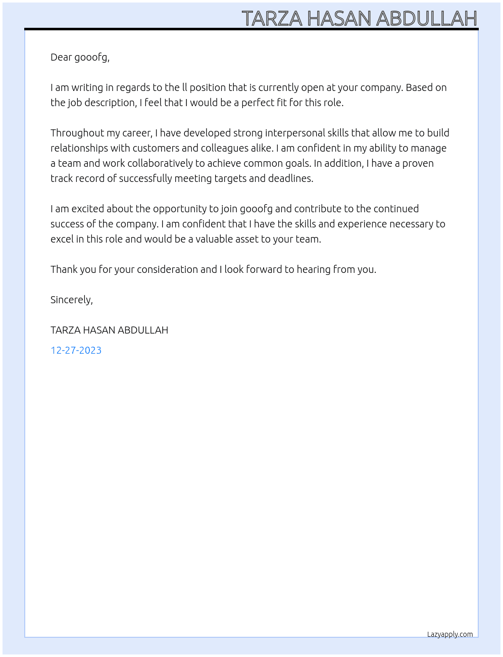 ll At gooofg Cover Letter