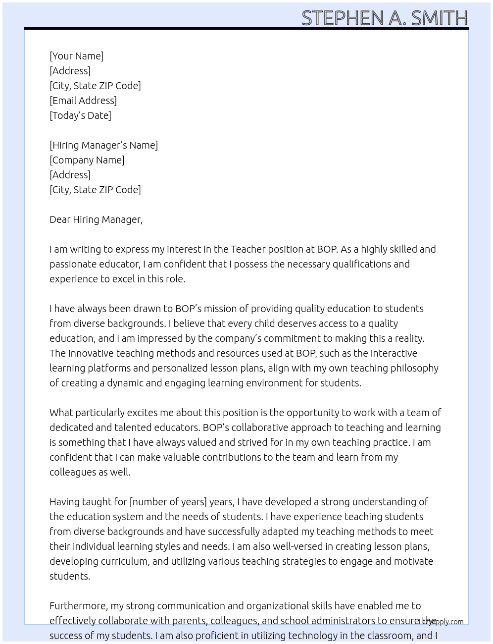 Teacher At BOP Cover Letter