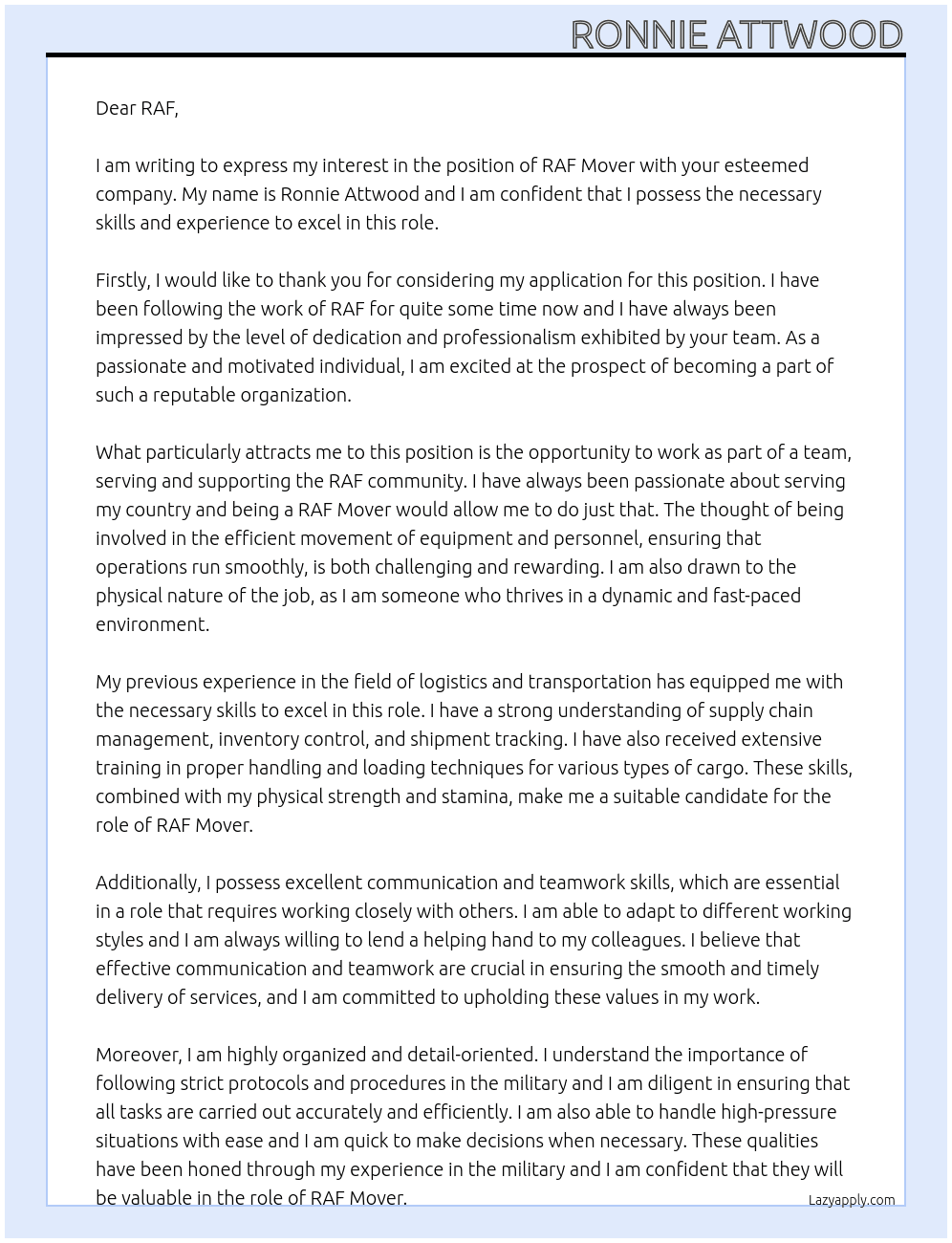 RAF Mover At RAF Cover Letter