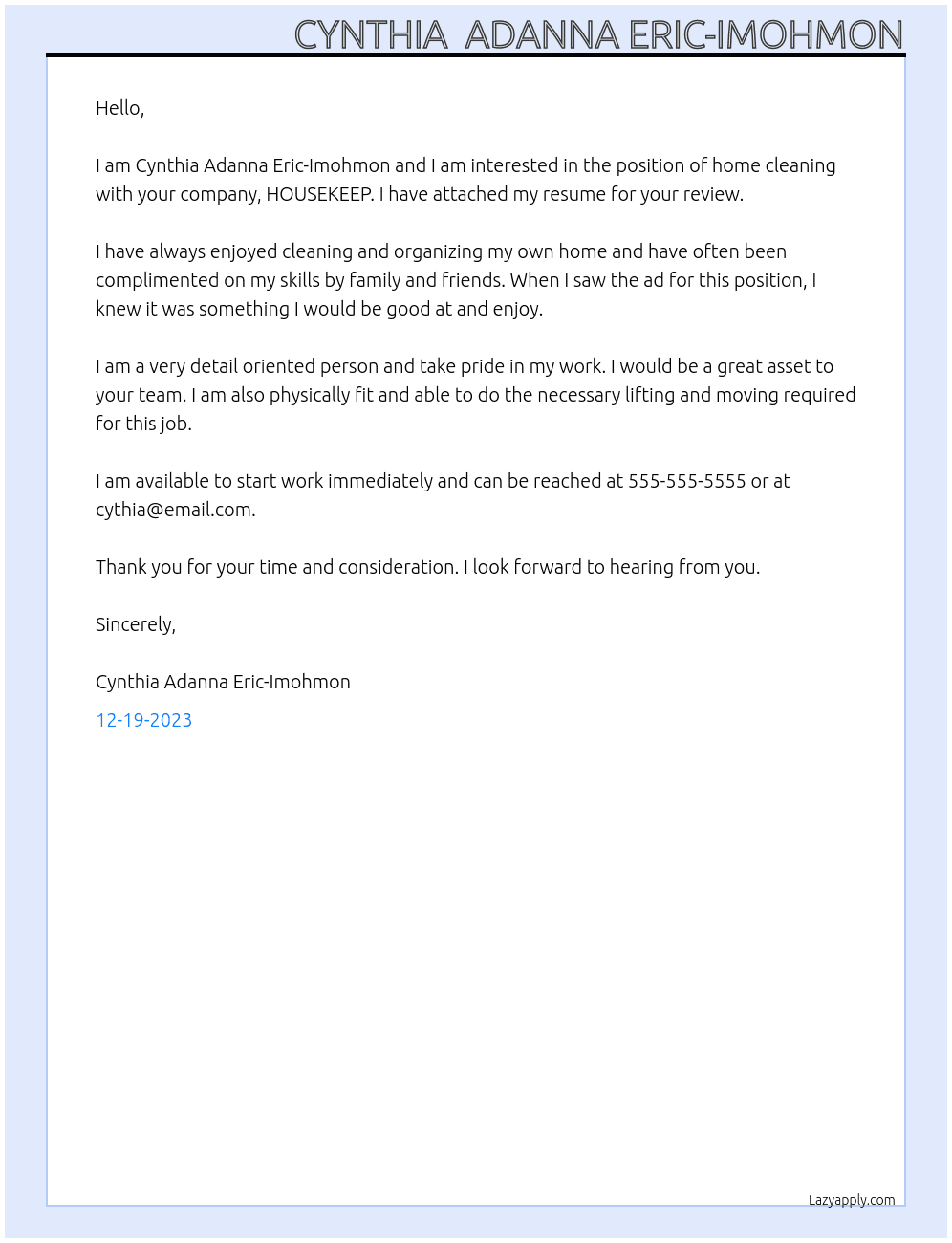 Home cleaning At HOUSEKEEP Cover Letter
