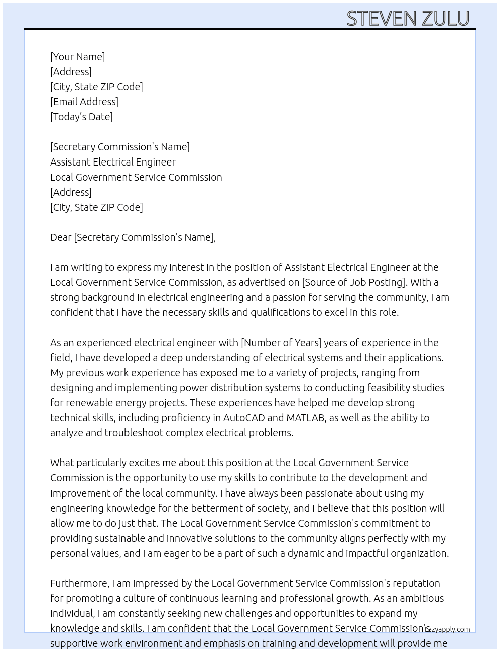 Assistant electrical engineer  At Local government service commission  Cover Letter