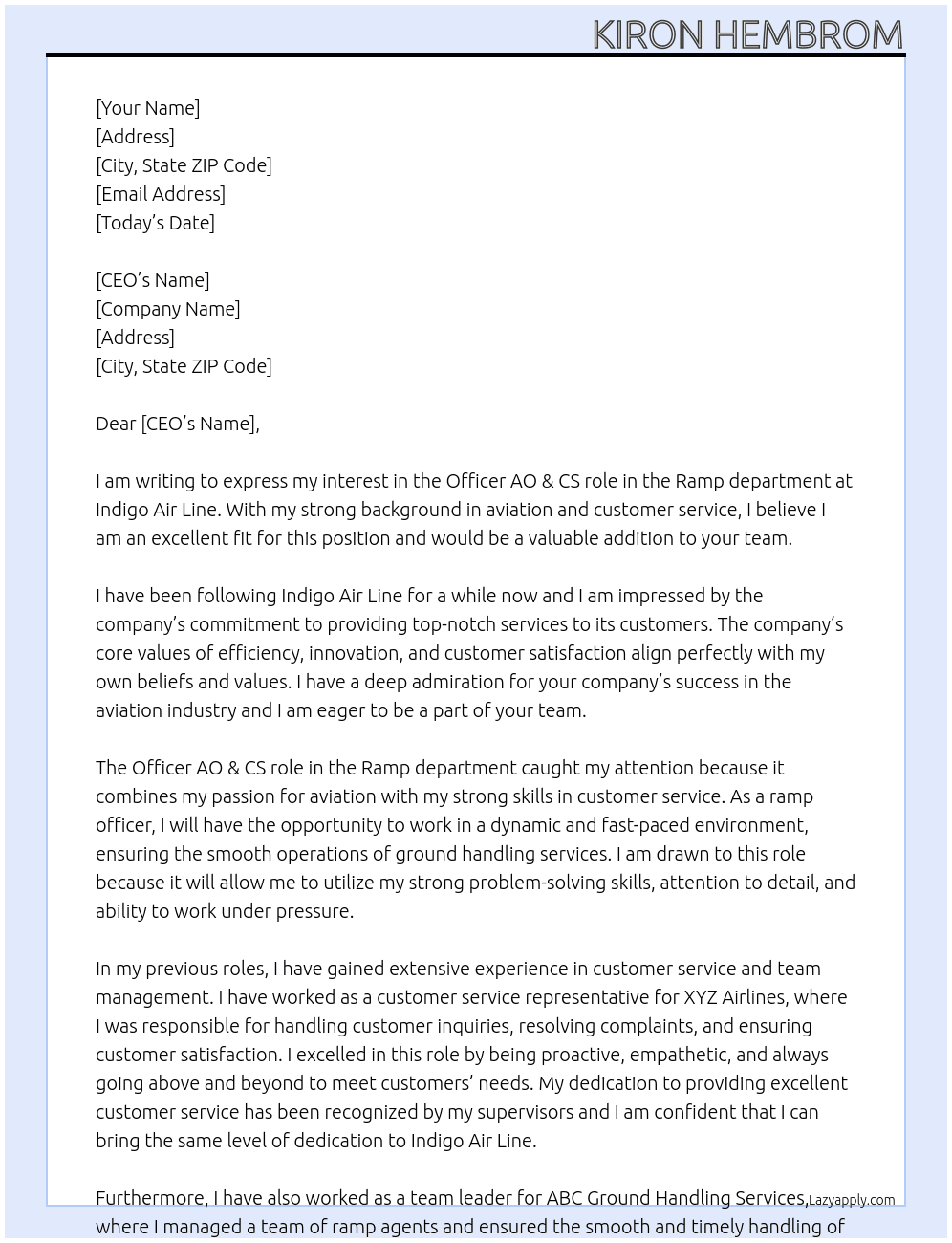 Officer AO & CS in the role of Ramp At Indigo Air Line  Cover Letter