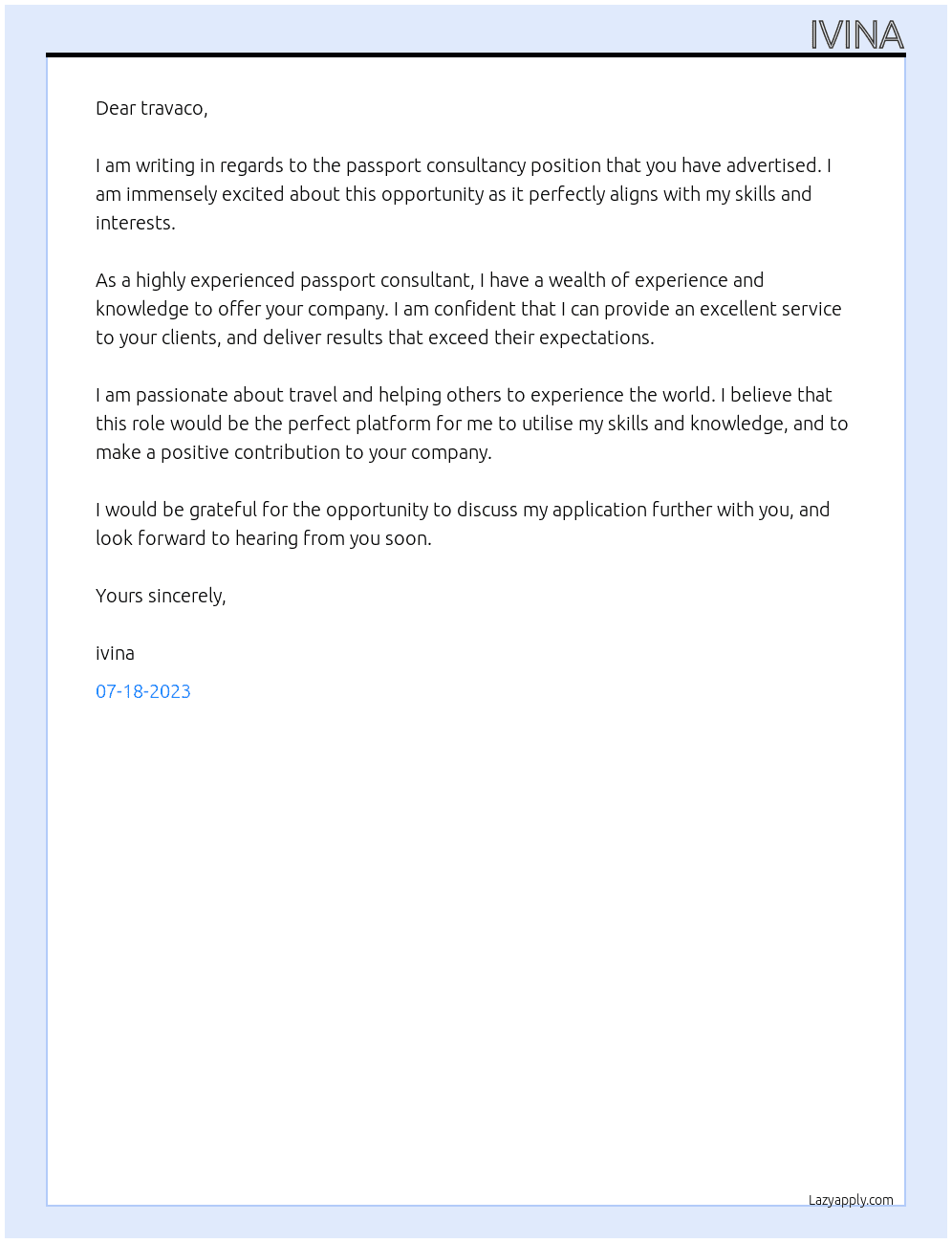 passport consultancy At travaco Cover Letter