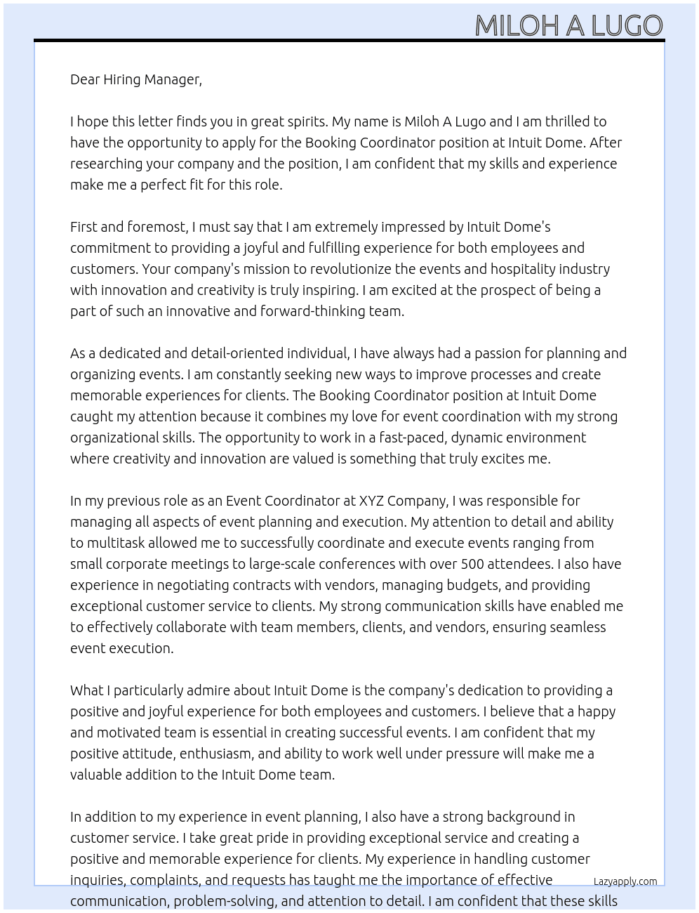Booking Coordinator At Intuit Dome Cover Letter