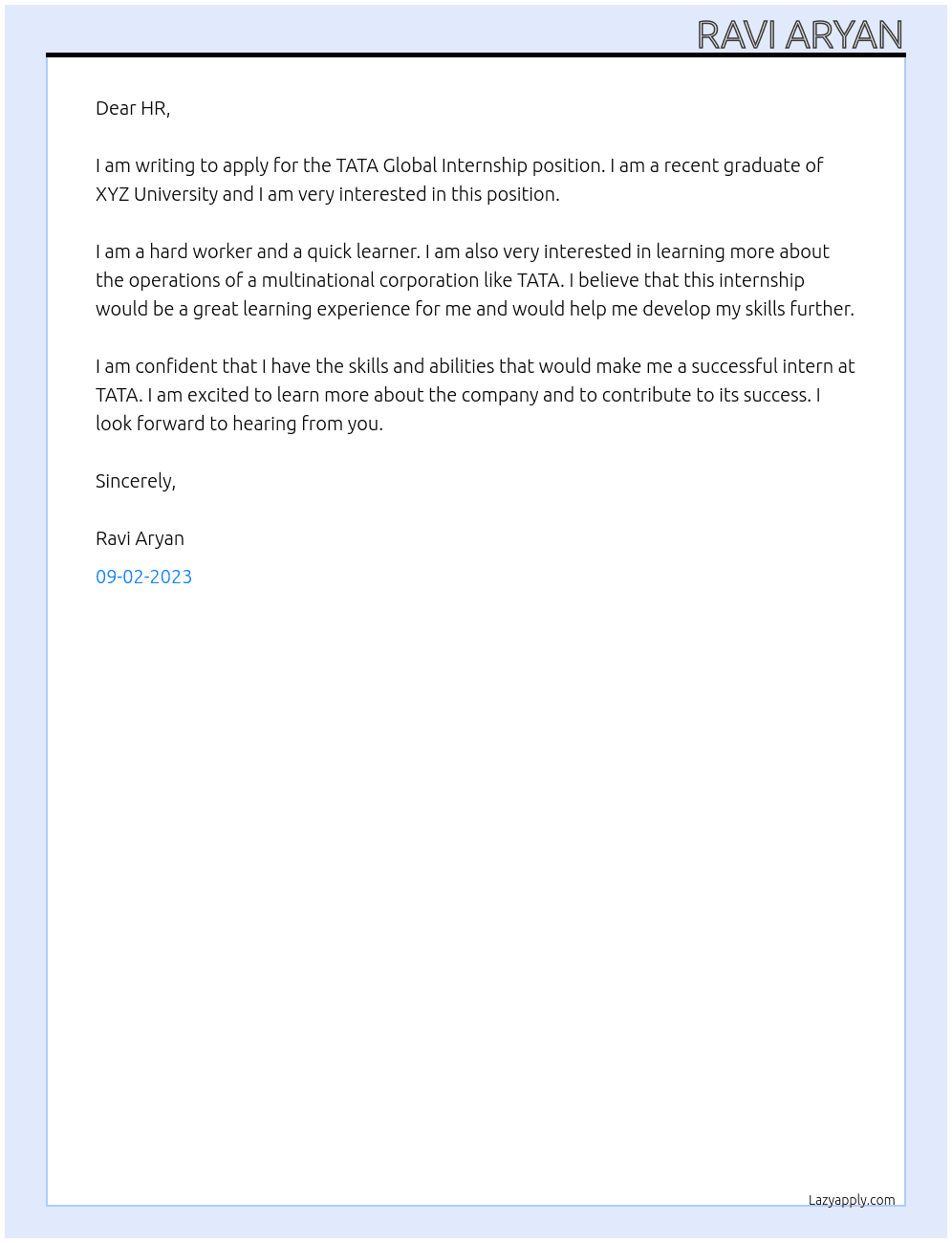TATA GLOBAL INTERNSHIP At TATA GROUP Cover Letter