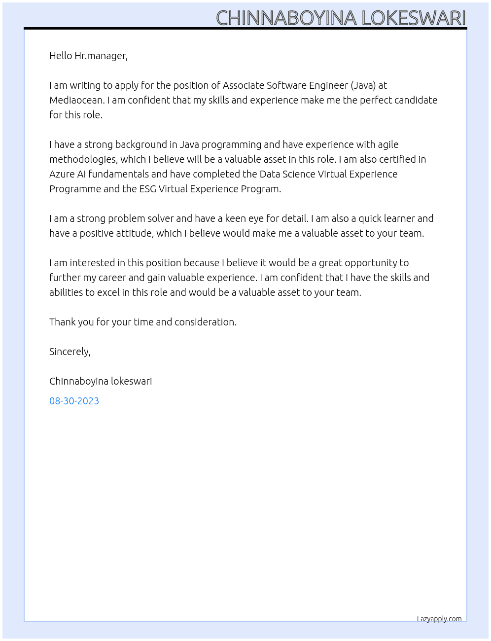 Associate Software Engineer (Java) At Mediaocean Cover Letter