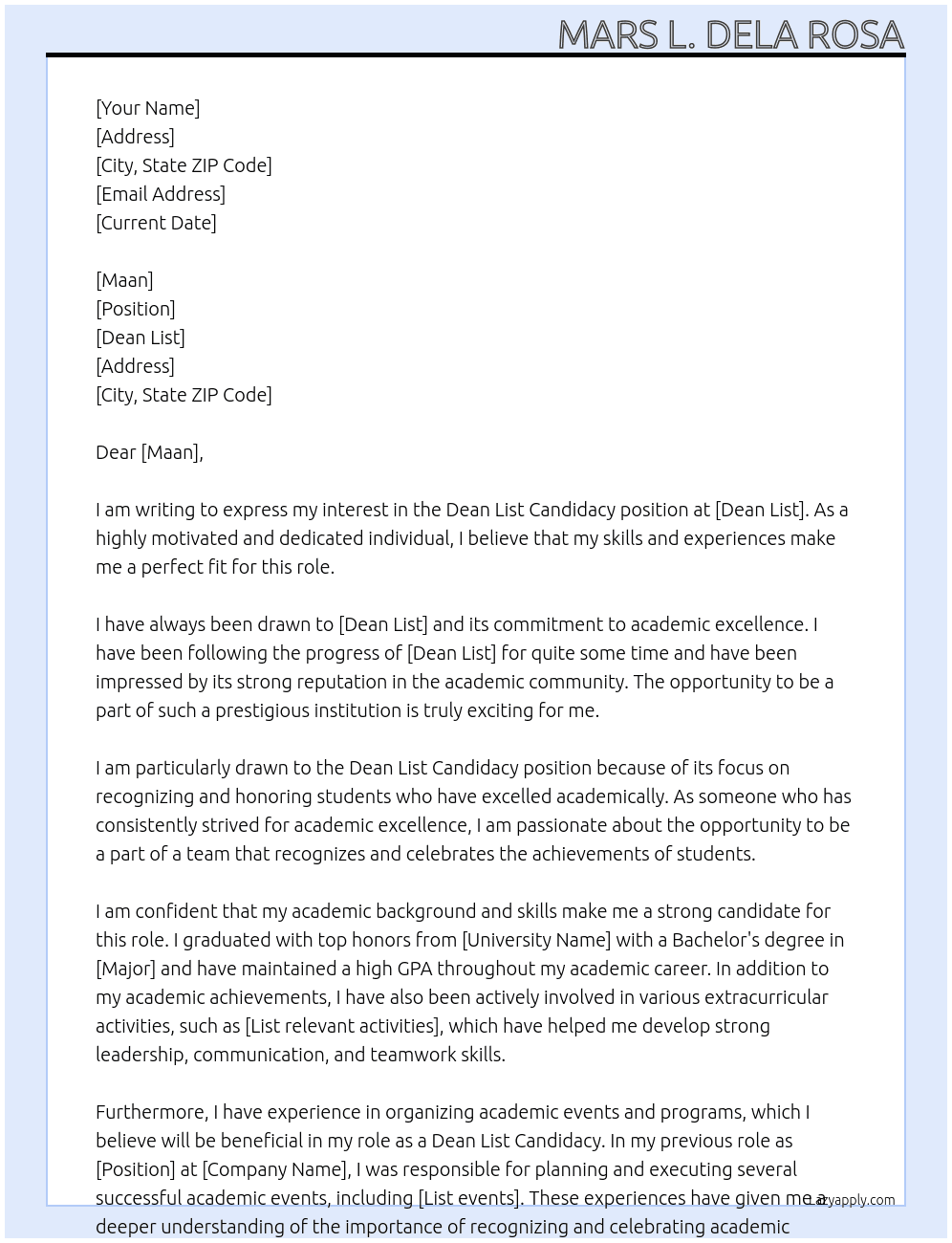 Dean List Candidacy At Dean list Cover Letter