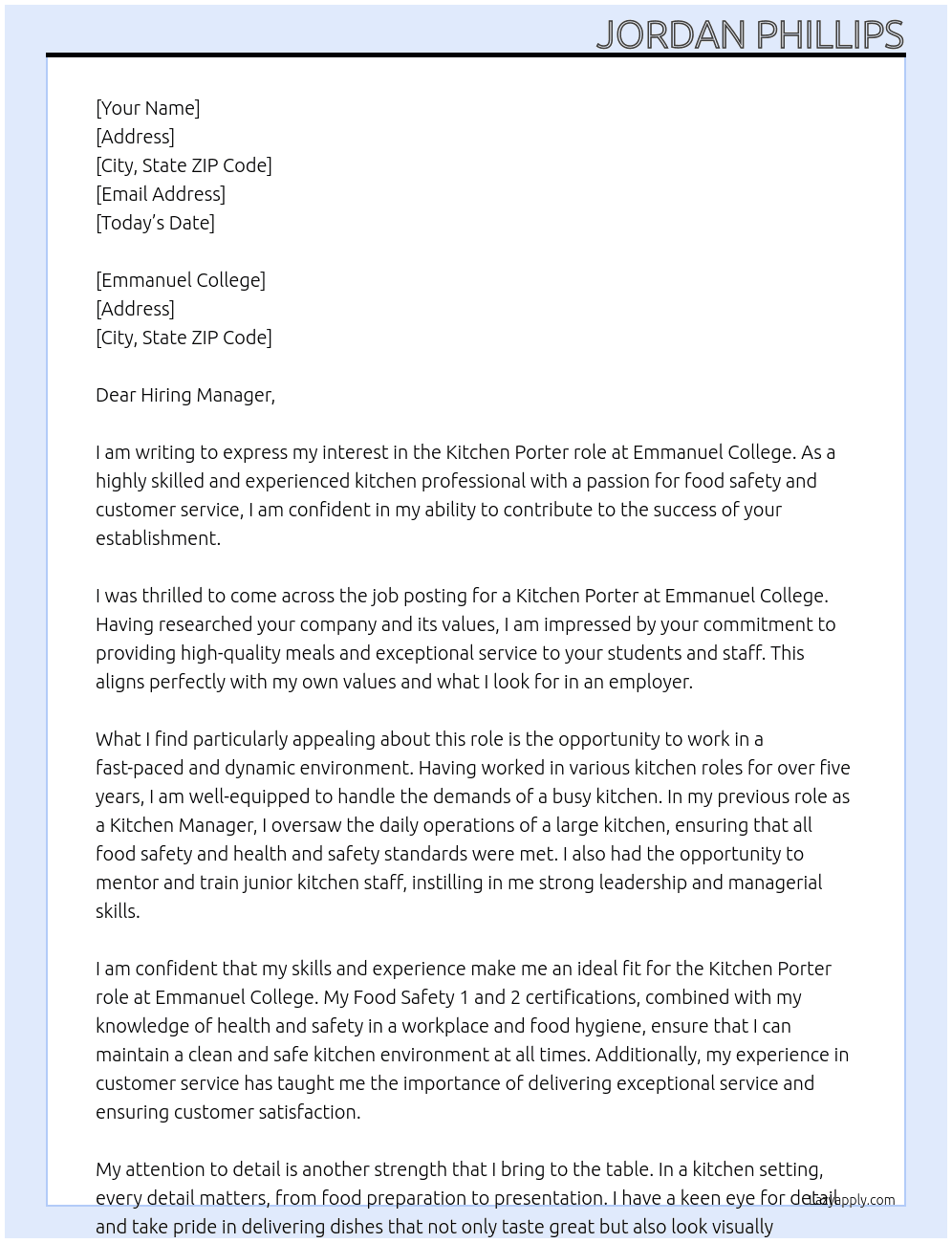 Kitchen porter At Emmanuel college Cover Letter