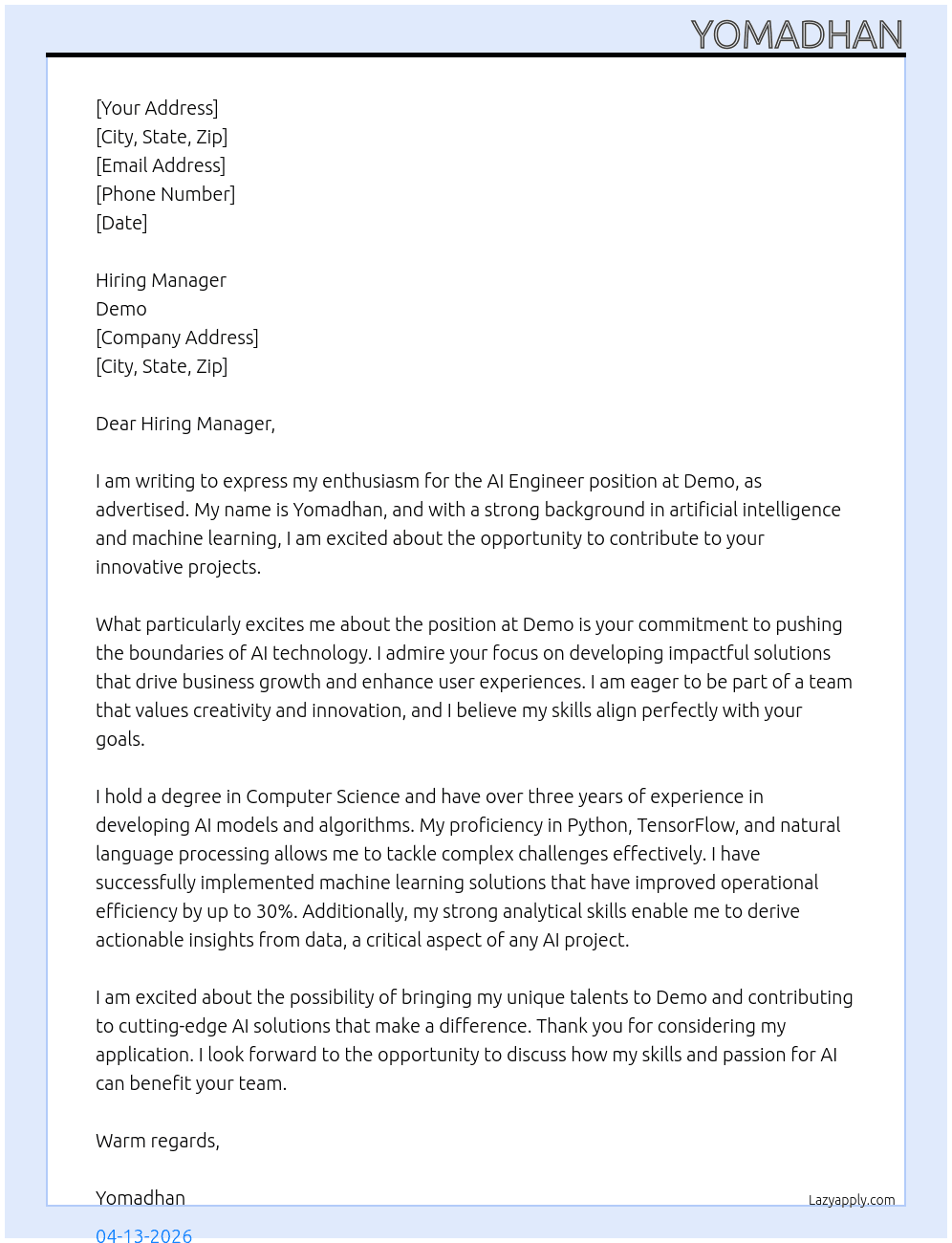 AI engineer At demo Cover Letter