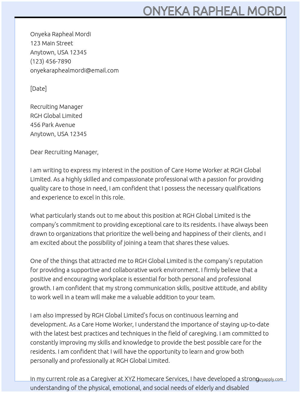 Care Home Worker At RGH Global Limited Cover Letter