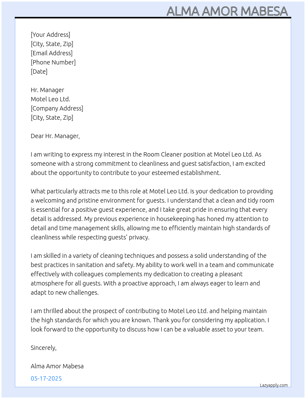 Room Cleaner  At Motel Leo Ltd.  Cover Letter