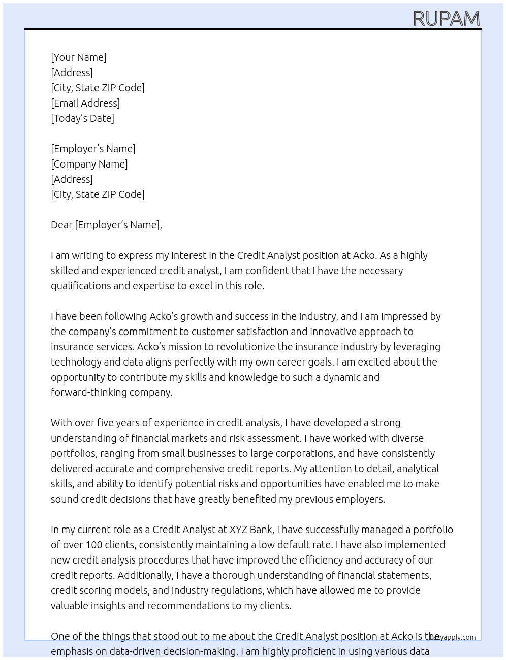 Credit Analyst At Acko  Cover Letter