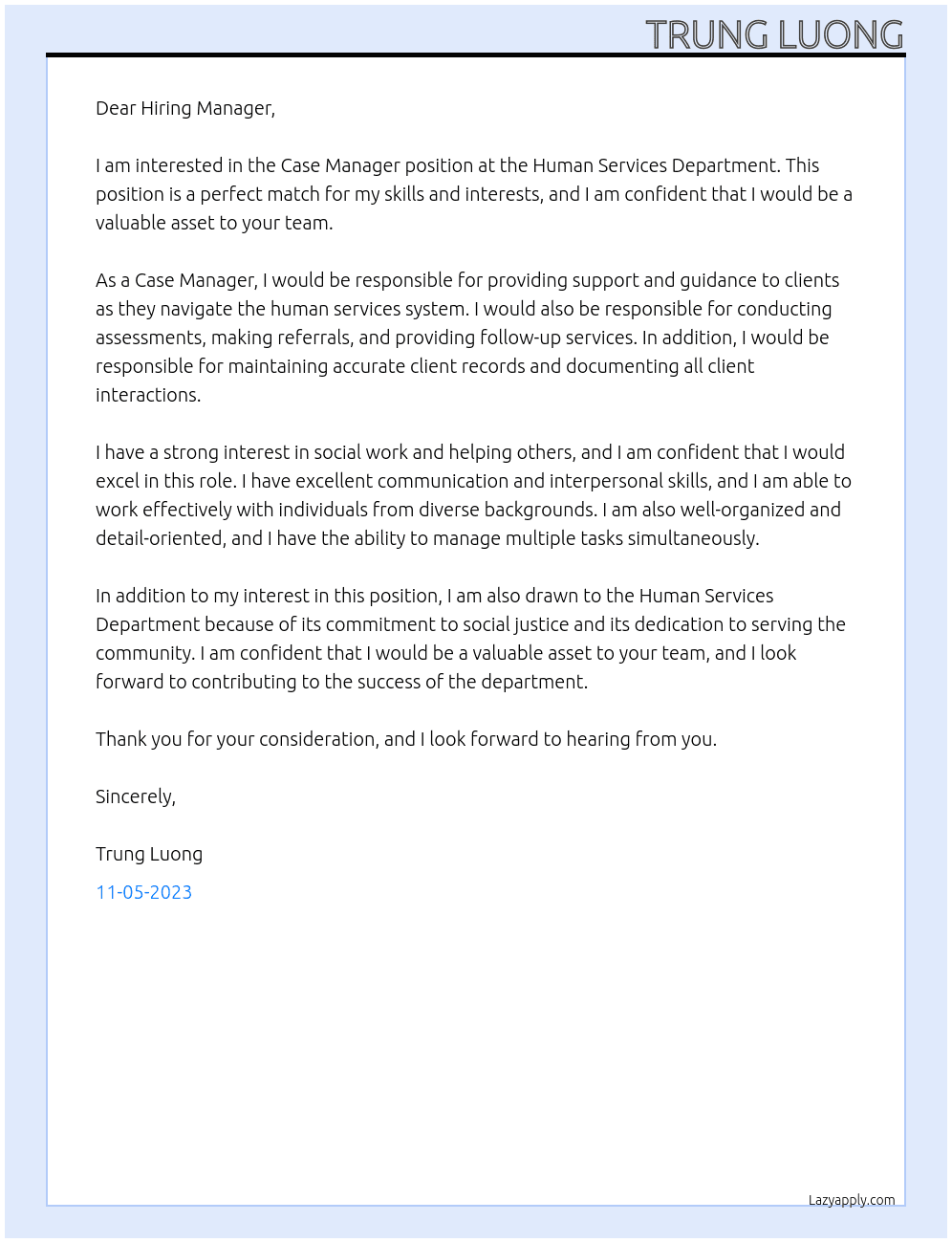 Case Manager At Human Services Department Cover Letter