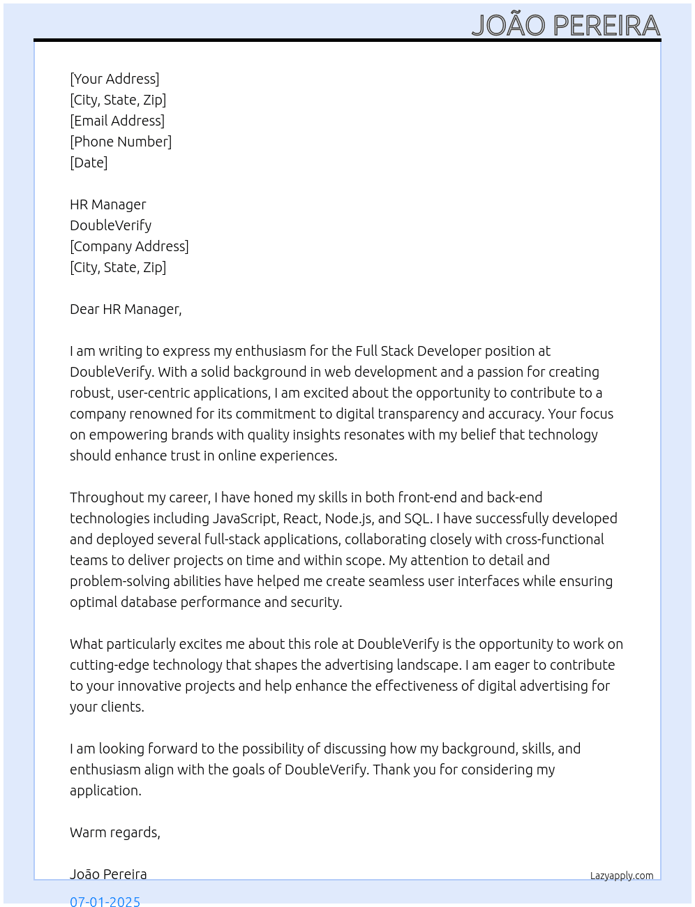 Full Stack Developer At DoubleVerify Cover Letter