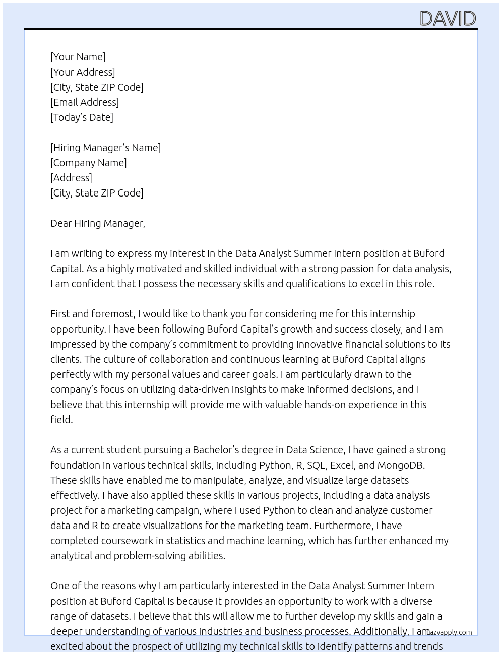 Data Analyst Summer Intern At Buford Capital Cover Letter