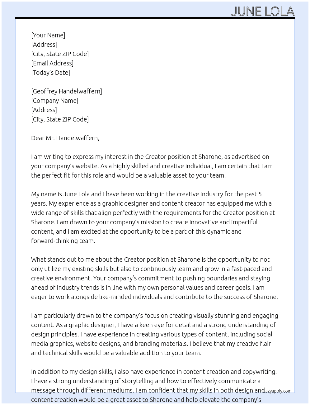 Creator At Sharone Cover Letter