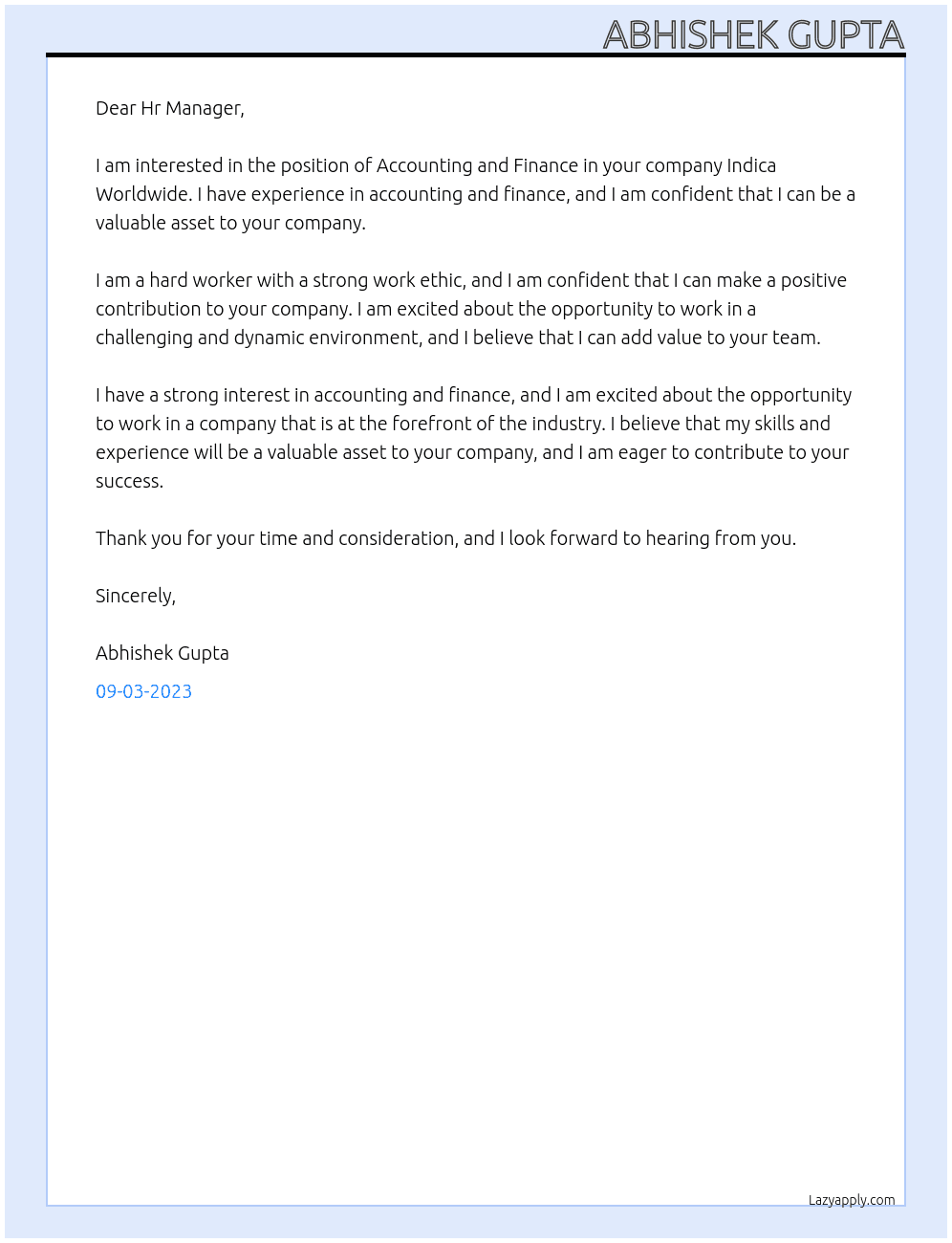 Accounting and Finance  At Indica Worldwide Cover Letter
