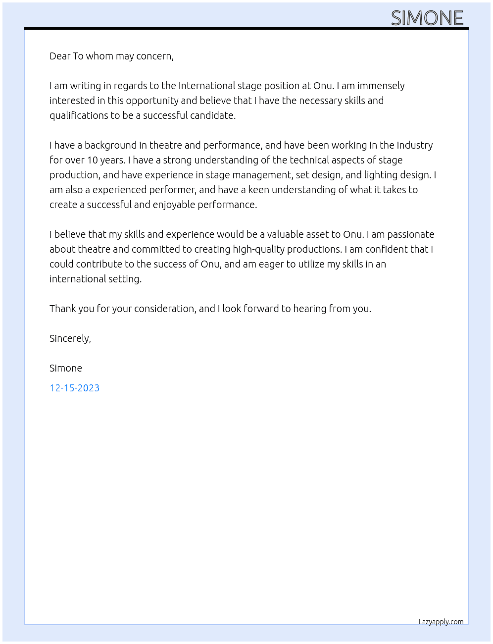 International stage At Onu Cover Letter