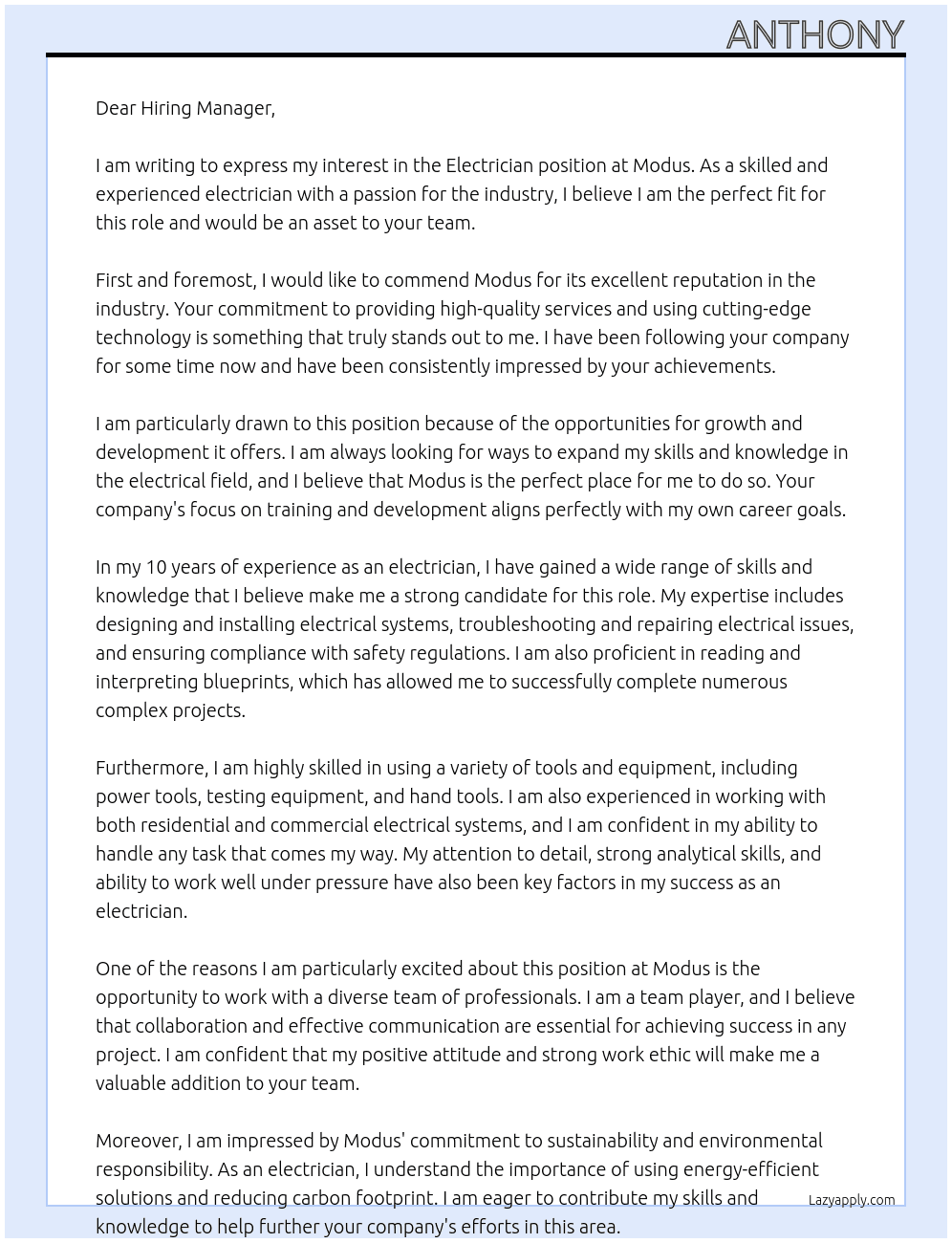Electrician At Modus Cover Letter