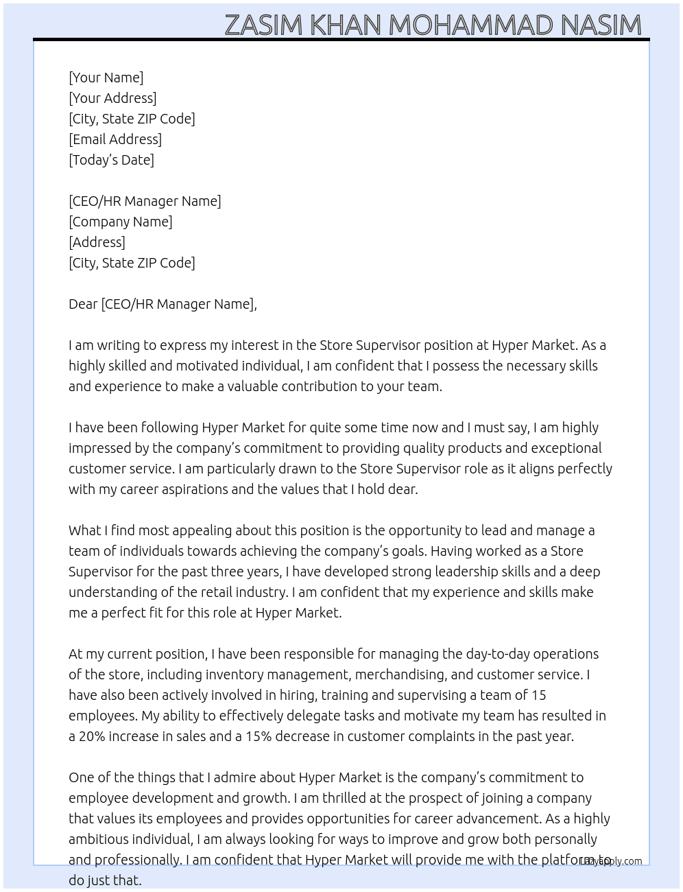 Store supervisor  At Hyper market  Cover Letter