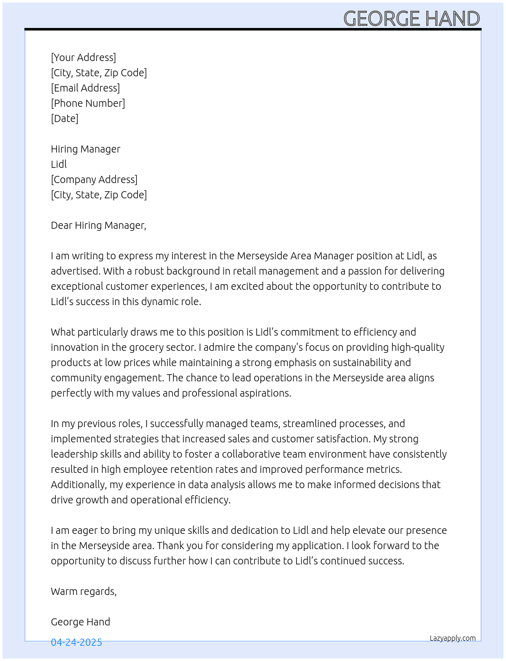 Merseyside Area Manager At Lidl Cover Letter